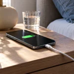Téléphone en recharge sur une table de chevet, symbole de batterie à l’écran