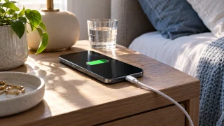 Téléphone en recharge sur une table de chevet, symbole de batterie à l’écran
