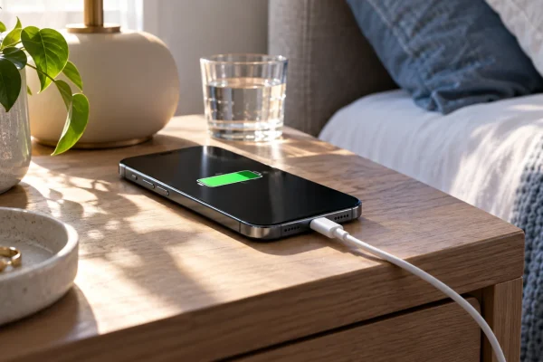 Téléphone en recharge sur une table de chevet, symbole de batterie à l’écran