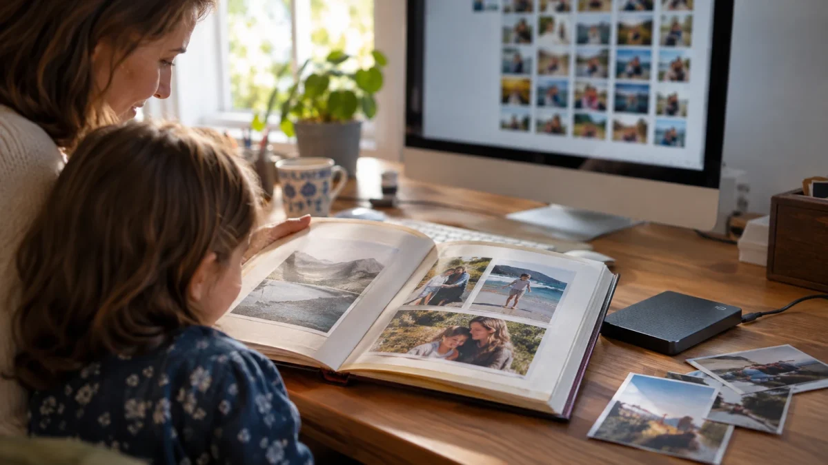 Illustration : Album de photos et disque près d’un PC