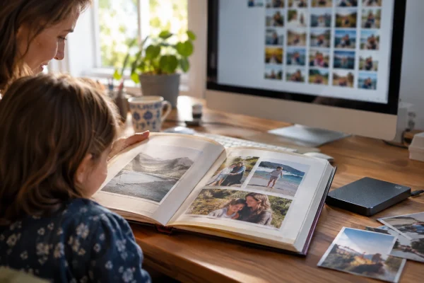 Illustration : Album de photos et disque près d’un PC
