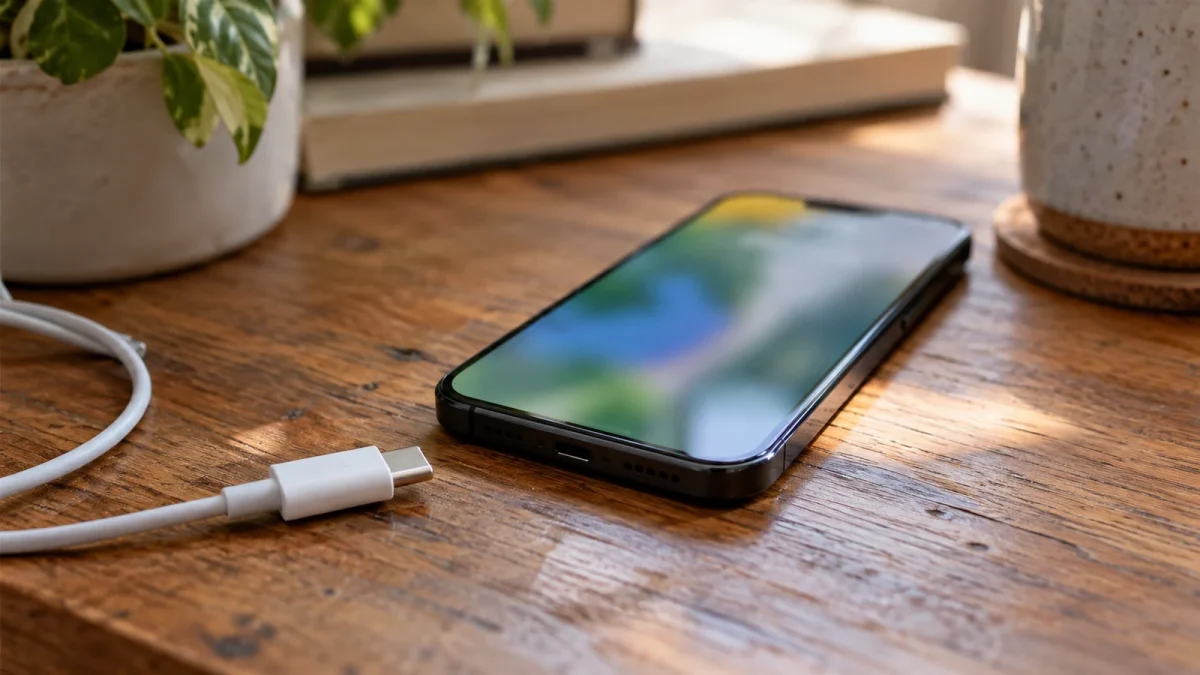 Illustration : Téléphone et câble de charge sur une table