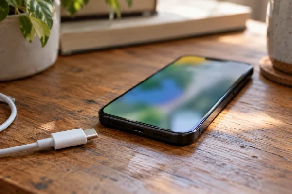 Illustration : Téléphone et câble de charge sur une table