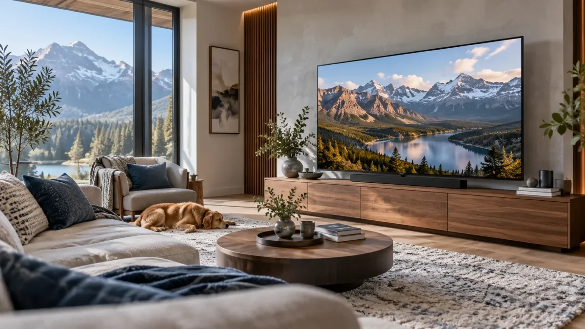 Téléviseur montrant un paysage avec nuances de lumière dans un salon