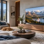 Téléviseur montrant un paysage avec nuances de lumière dans un salon
