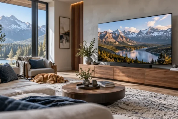 Téléviseur montrant un paysage avec nuances de lumière dans un salon
