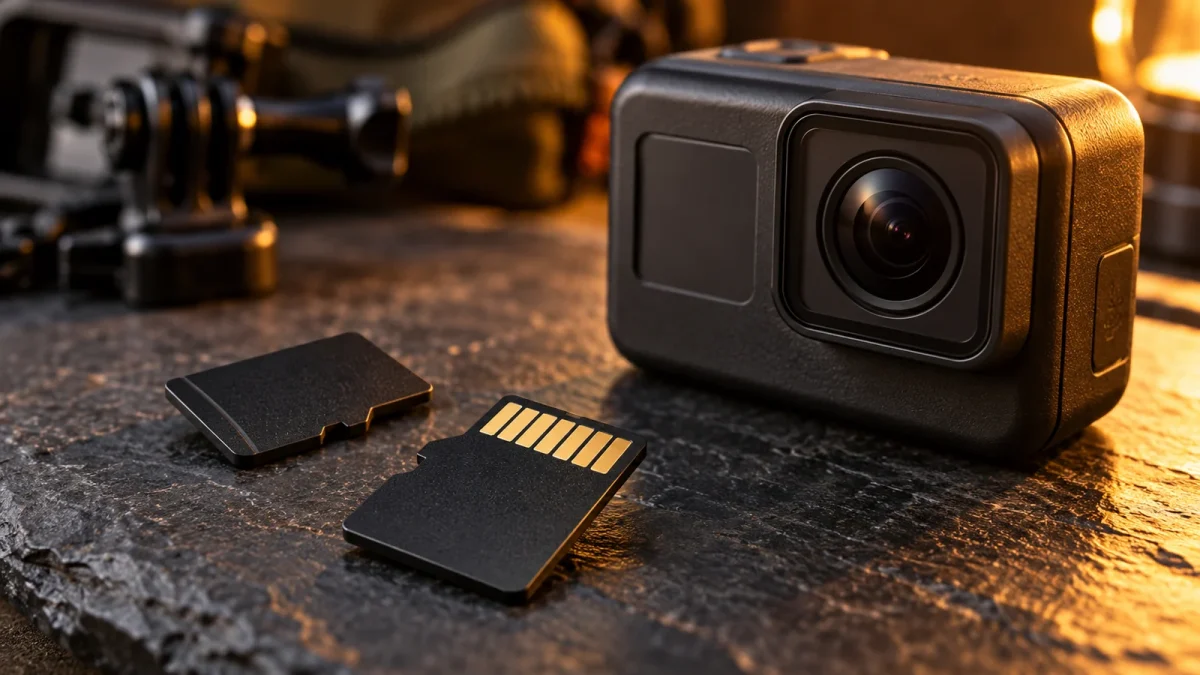 Cartes mémoire noires près d’une caméra compacte, avec leurs contacts métalliques visibles.