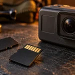 Cartes mémoire noires près d’une caméra compacte, avec leurs contacts métalliques visibles.