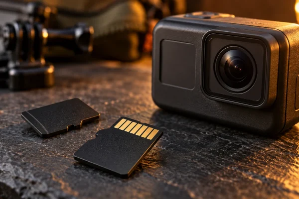 Cartes mémoire noires près d’une caméra compacte, avec leurs contacts métalliques visibles.