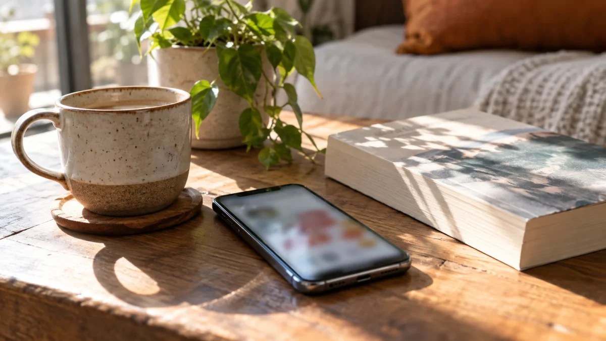 Illustration : Téléphone près d’un livre pendant une pause