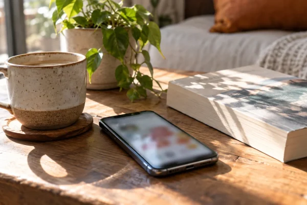 Illustration : Téléphone près d’un livre pendant une pause