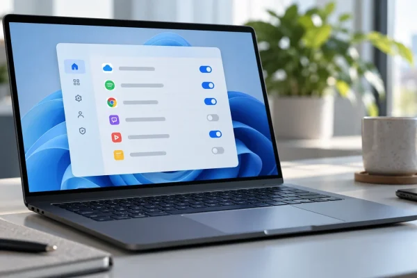 Ordinateur portable présentant une liste abstraite d’applications et de réglages