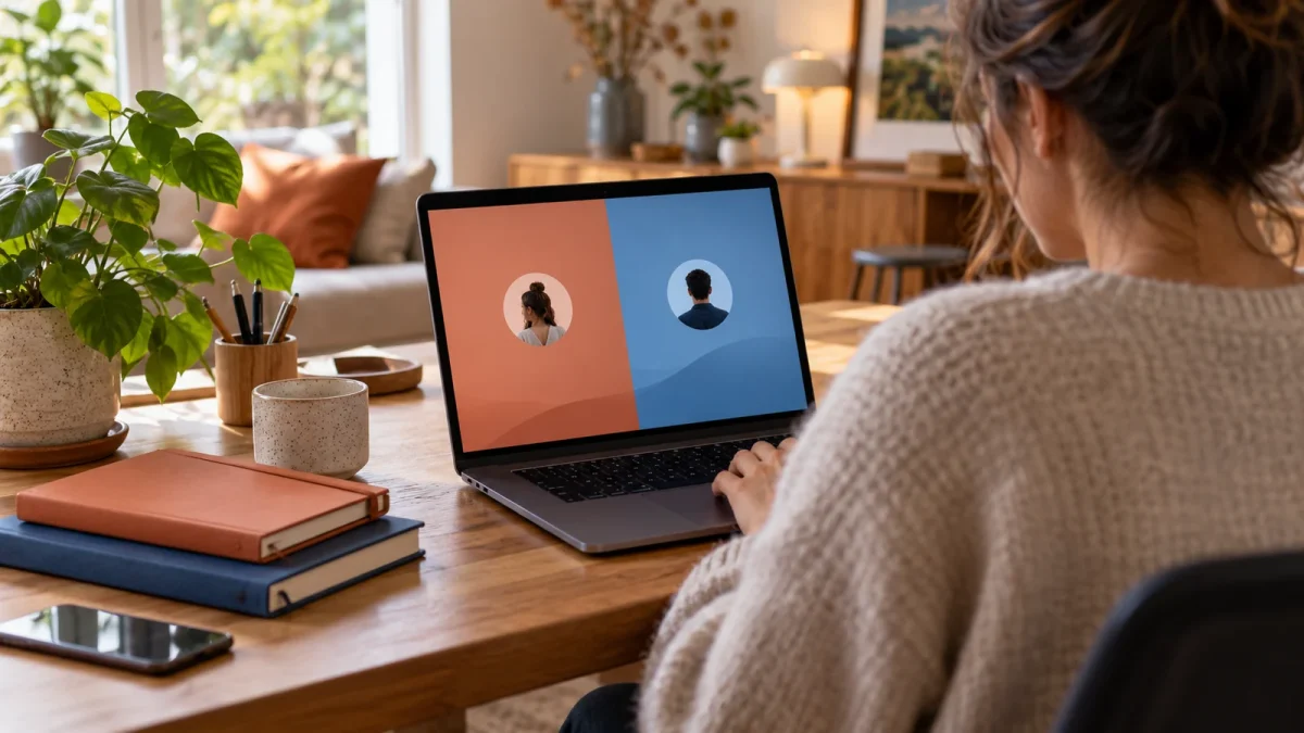 Ordinateur familial sur un bureau avec deux carnets de couleurs différentes.