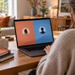 Ordinateur familial sur un bureau avec deux carnets de couleurs différentes.