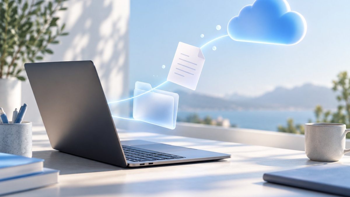Illustration de fichiers synchronisés entre un ordinateur et le cloud.