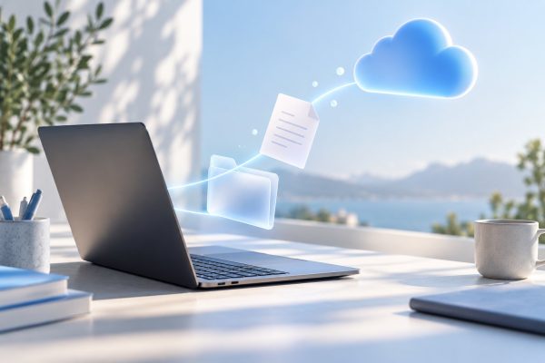 Illustration de fichiers synchronisés entre un ordinateur et le cloud.