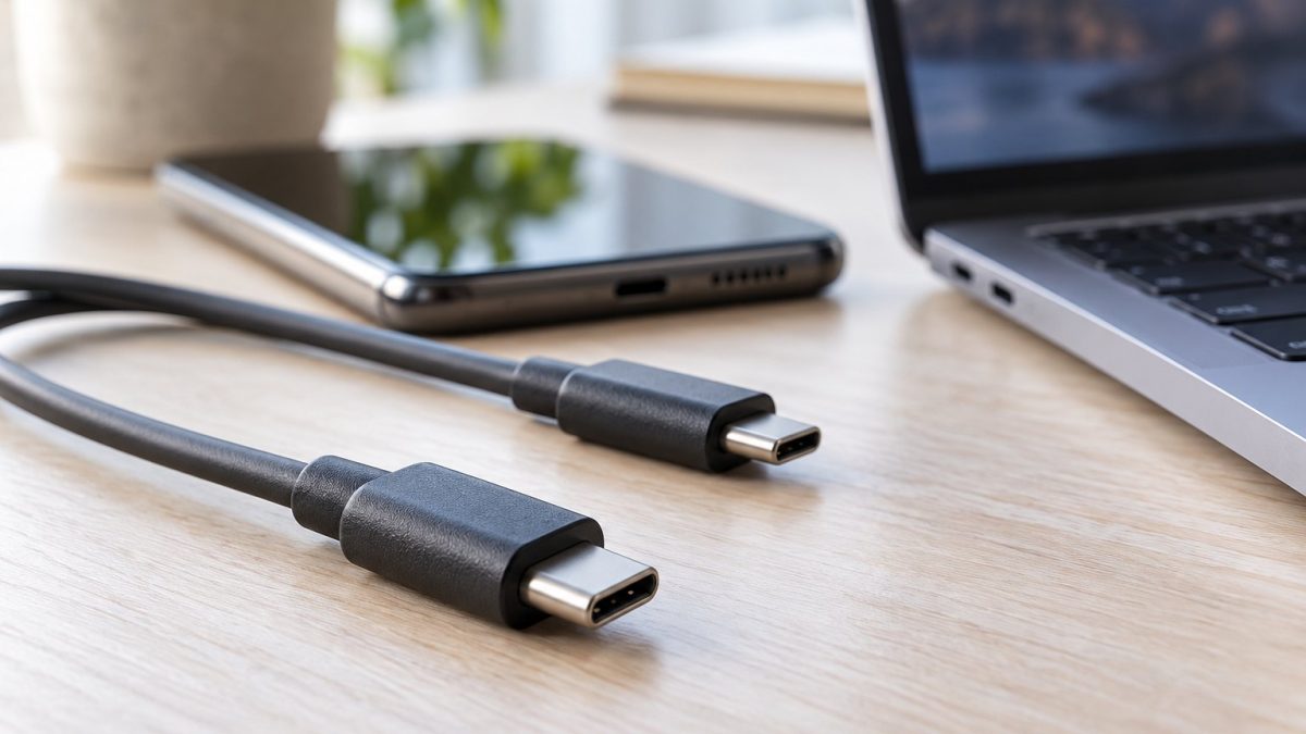 Deux câbles USB-C posés devant un téléphone et un ordinateur.