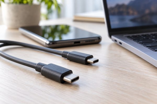 Deux câbles USB-C posés devant un téléphone et un ordinateur.