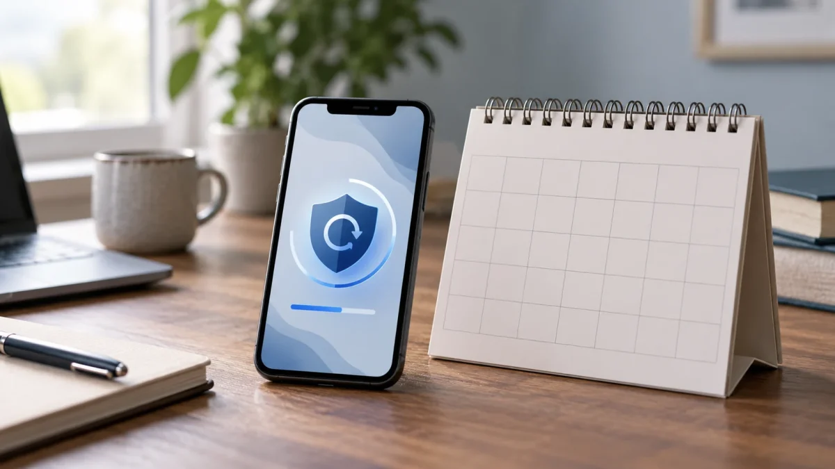 Téléphone avec symbole de mise à jour près d’un calendrier sans texte