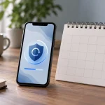 Téléphone avec symbole de mise à jour près d’un calendrier sans texte