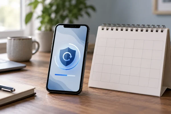 Téléphone avec symbole de mise à jour près d’un calendrier sans texte