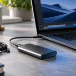 SSD externe branché à un portable avec un câble de rechange à proximité