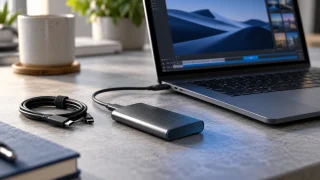 SSD externe branché à un portable avec un câble de rechange à proximité