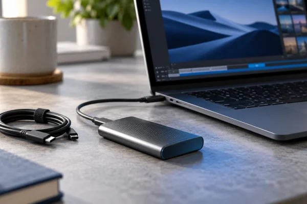 SSD externe branché à un portable avec un câble de rechange à proximité