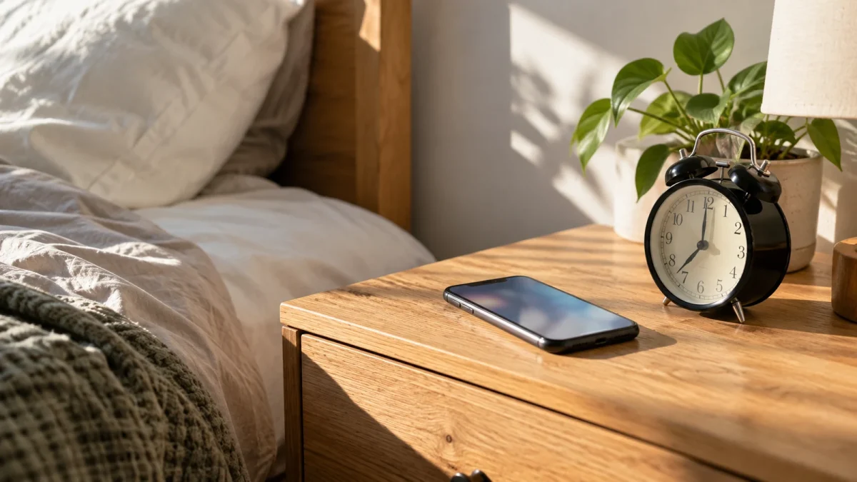 Illustration : Téléphone et réveil sur une table de chevet