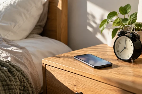 Illustration : Téléphone et réveil sur une table de chevet