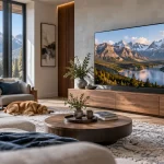 Téléviseur montrant un paysage avec nuances de lumière dans un salon