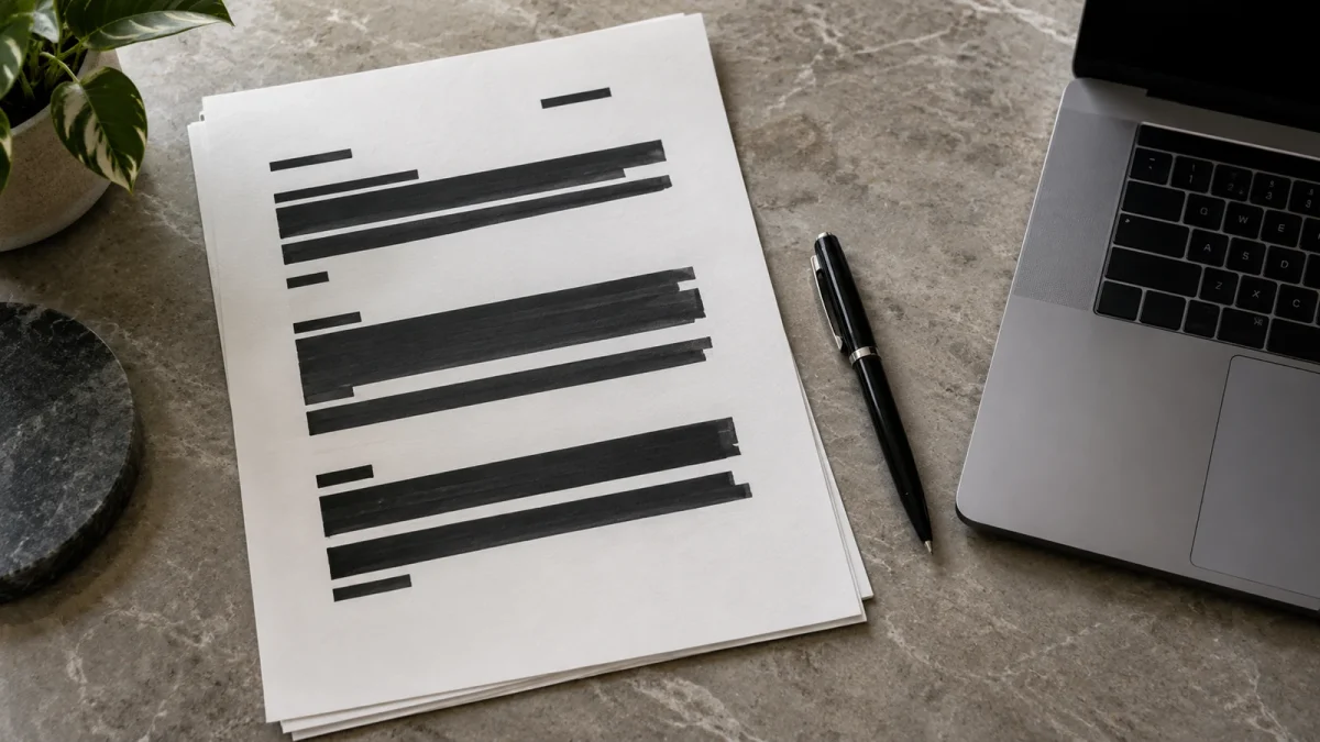 Document papier avec des zones noircies près d’un ordinateur, vu du dessus.