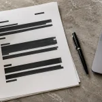 Document papier avec des zones noircies près d’un ordinateur, vu du dessus.