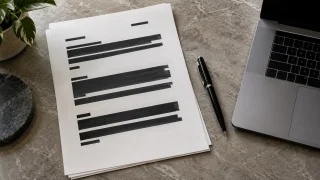 Document papier avec des zones noircies près d’un ordinateur, vu du dessus.