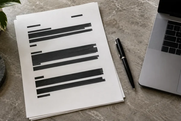Document papier avec des zones noircies près d’un ordinateur, vu du dessus.