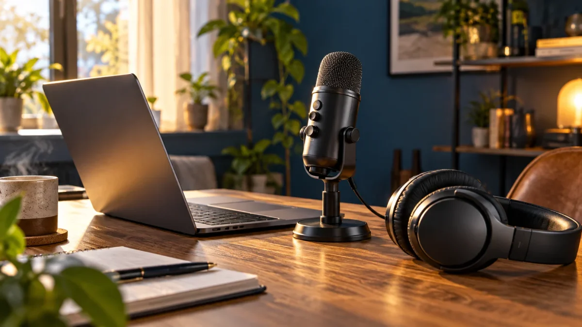 Casque sans fil et microphone de bureau près d’un ordinateur portable, dans une pièce éclairée naturellement.