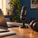Casque sans fil et microphone de bureau près d’un ordinateur portable, dans une pièce éclairée naturellement.