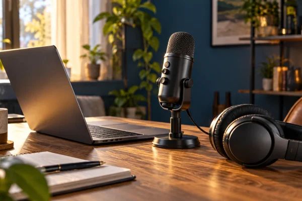Casque sans fil et microphone de bureau près d’un ordinateur portable, dans une pièce éclairée naturellement.