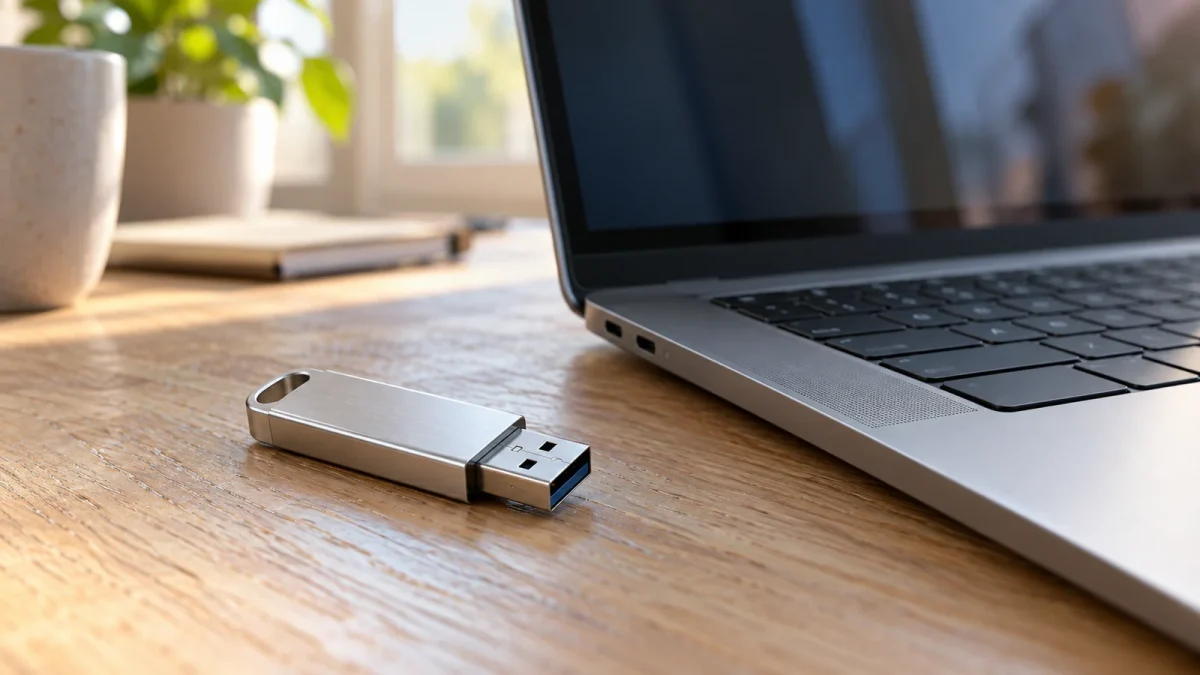 Clé USB métallique posée près d’un ordinateur portable sur un bureau en bois.