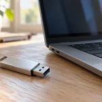 Clé USB métallique posée près d’un ordinateur portable sur un bureau en bois.