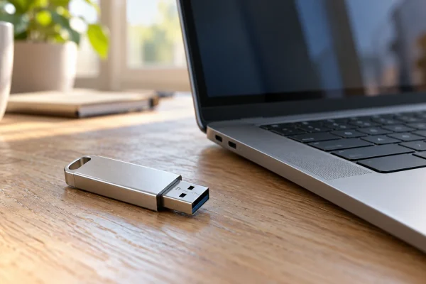 Clé USB métallique posée près d’un ordinateur portable sur un bureau en bois.