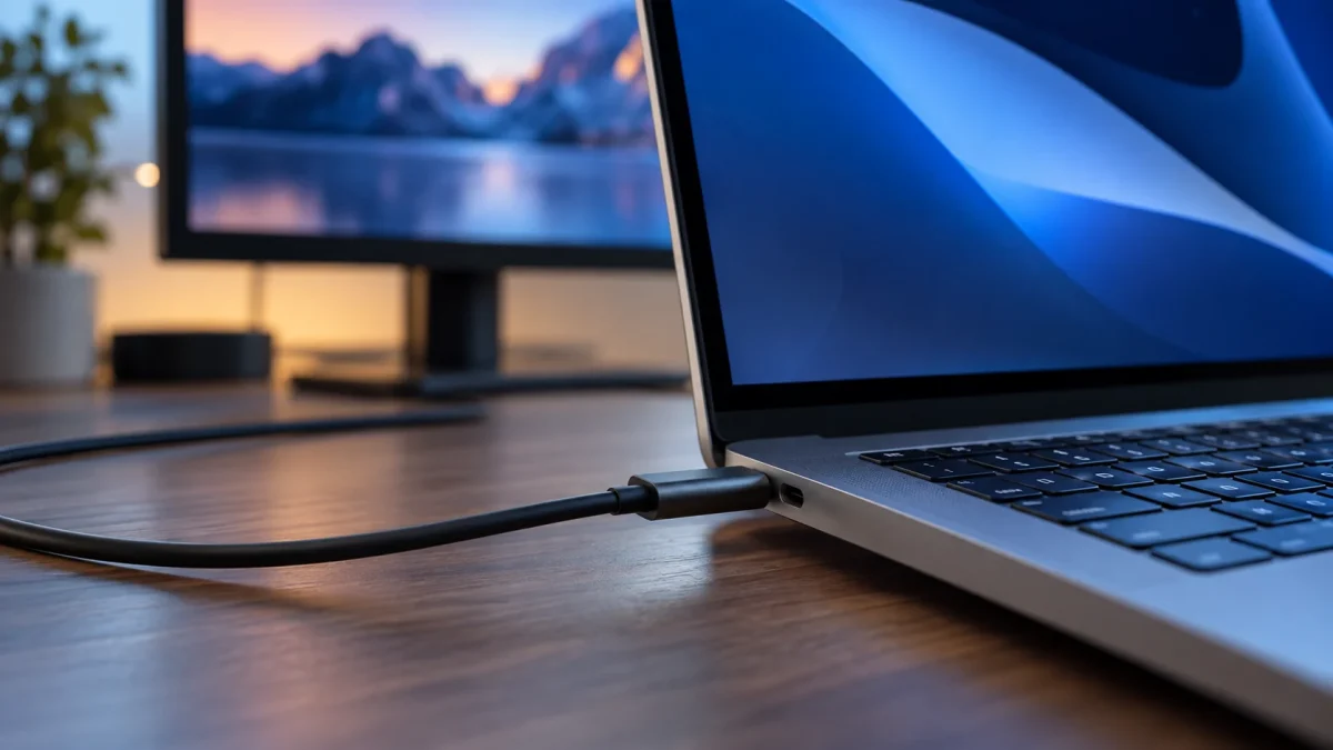 Câble USB-C relié à un ordinateur et moniteur externe
