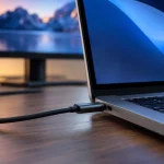 Câble USB-C relié à un ordinateur et moniteur externe