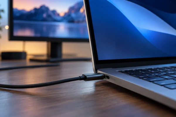 Câble USB-C relié à un ordinateur et moniteur externe