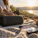 Illustration : Enceinte portable sur une couverture de pique-nique
