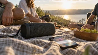 Illustration : Enceinte portable sur une couverture de pique-nique