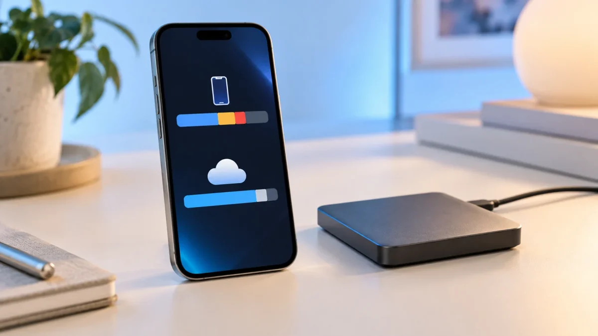 Téléphone et disque externe illustrant le stockage local et le stockage dans le cloud