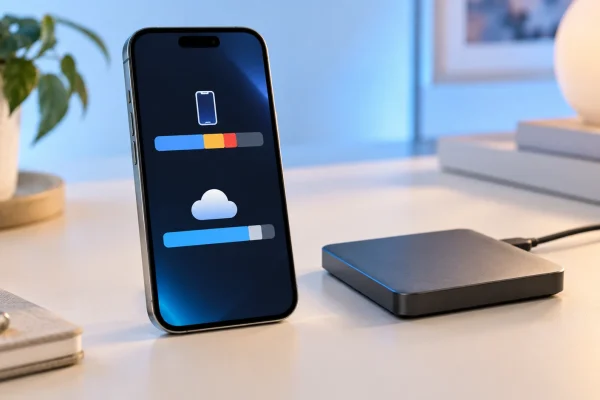 Téléphone et disque externe illustrant le stockage local et le stockage dans le cloud
