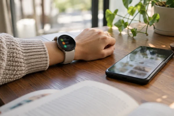 Illustration : Montre et téléphone sur une table de lecture