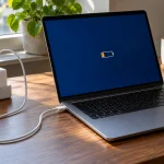 PC portable relié par un câble USB-C à un petit chargeur secteur sur un bureau en bois.